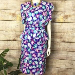 80's 90's Maggy London Silk Floral Print Peplum Two Piece Set